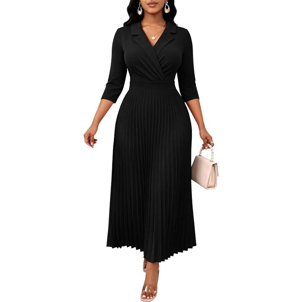 FANDEE Black Pleated Maxi Dress 3/4 Sleeve Lapel Neck with Pockets